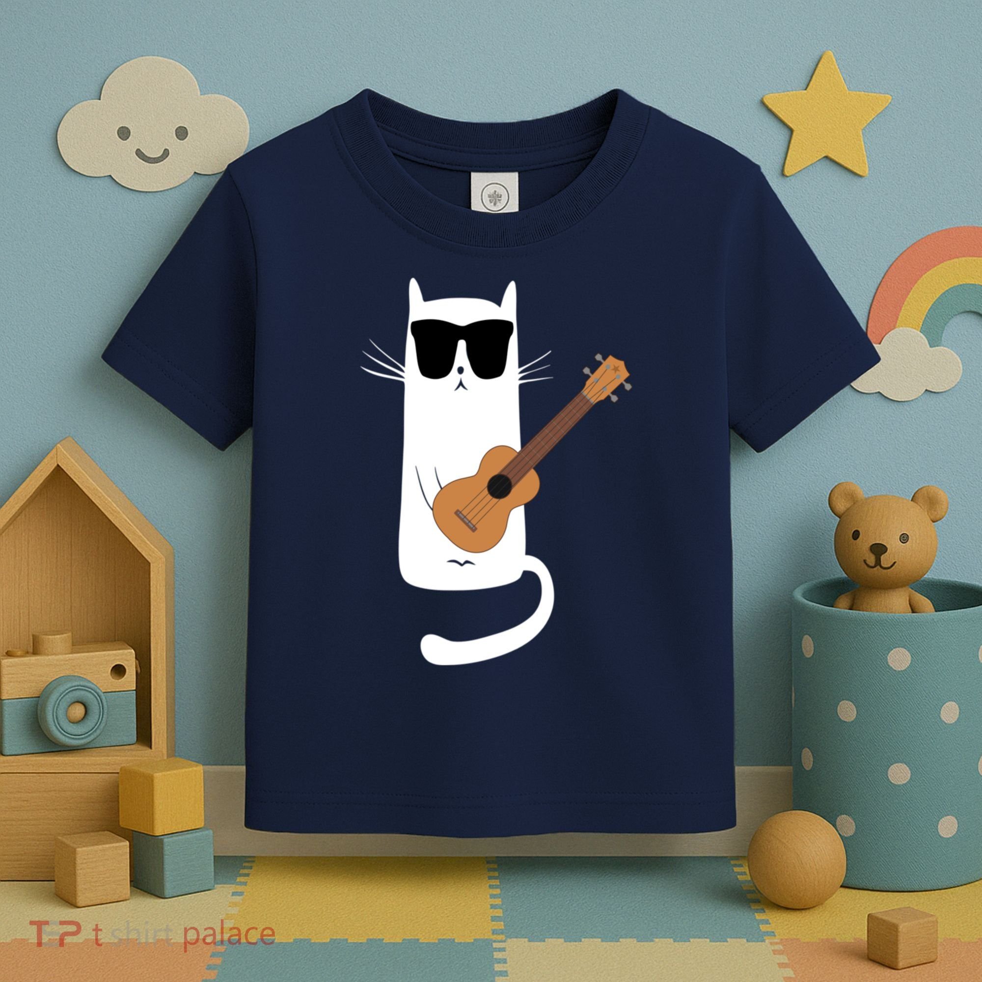 Funny Cat Wearing Sunglasses Playing Ukulele Toddler T-Shirt