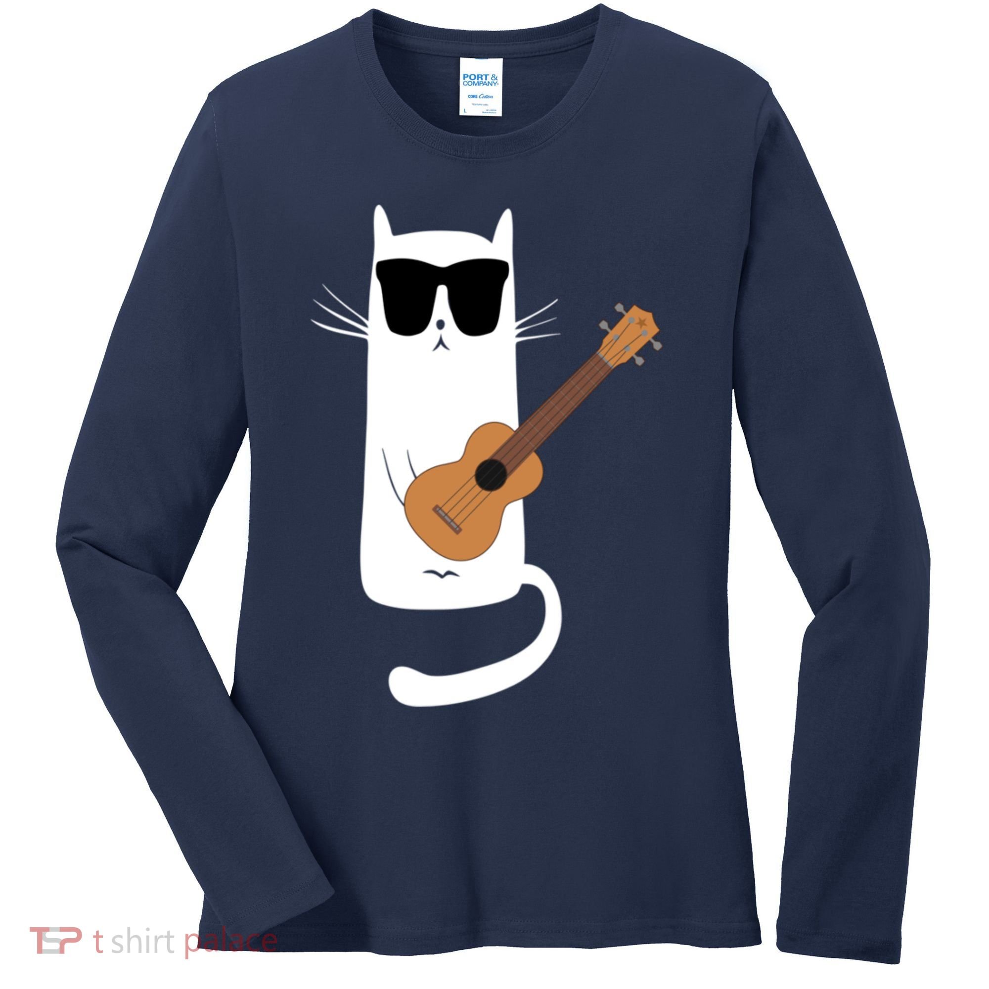 Funny Cat Wearing Sunglasses Playing Ukulele Women's Long Sleeve Shirt