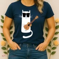 Funny Cat Wearing Sunglasses Playing Ukulele Women's T-Shirt thumb 2