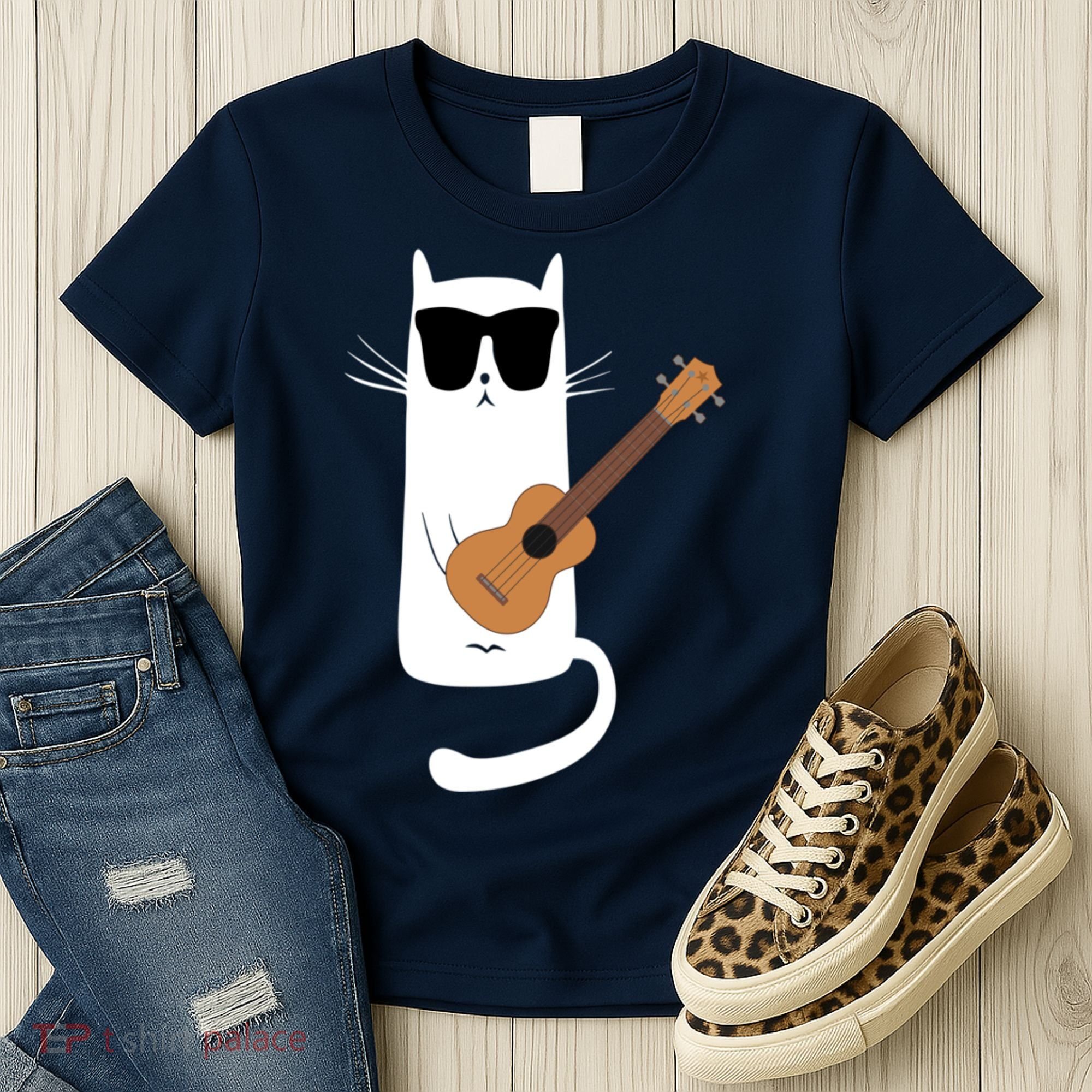 Funny Cat Wearing Sunglasses Playing Ukulele Women's T-Shirt