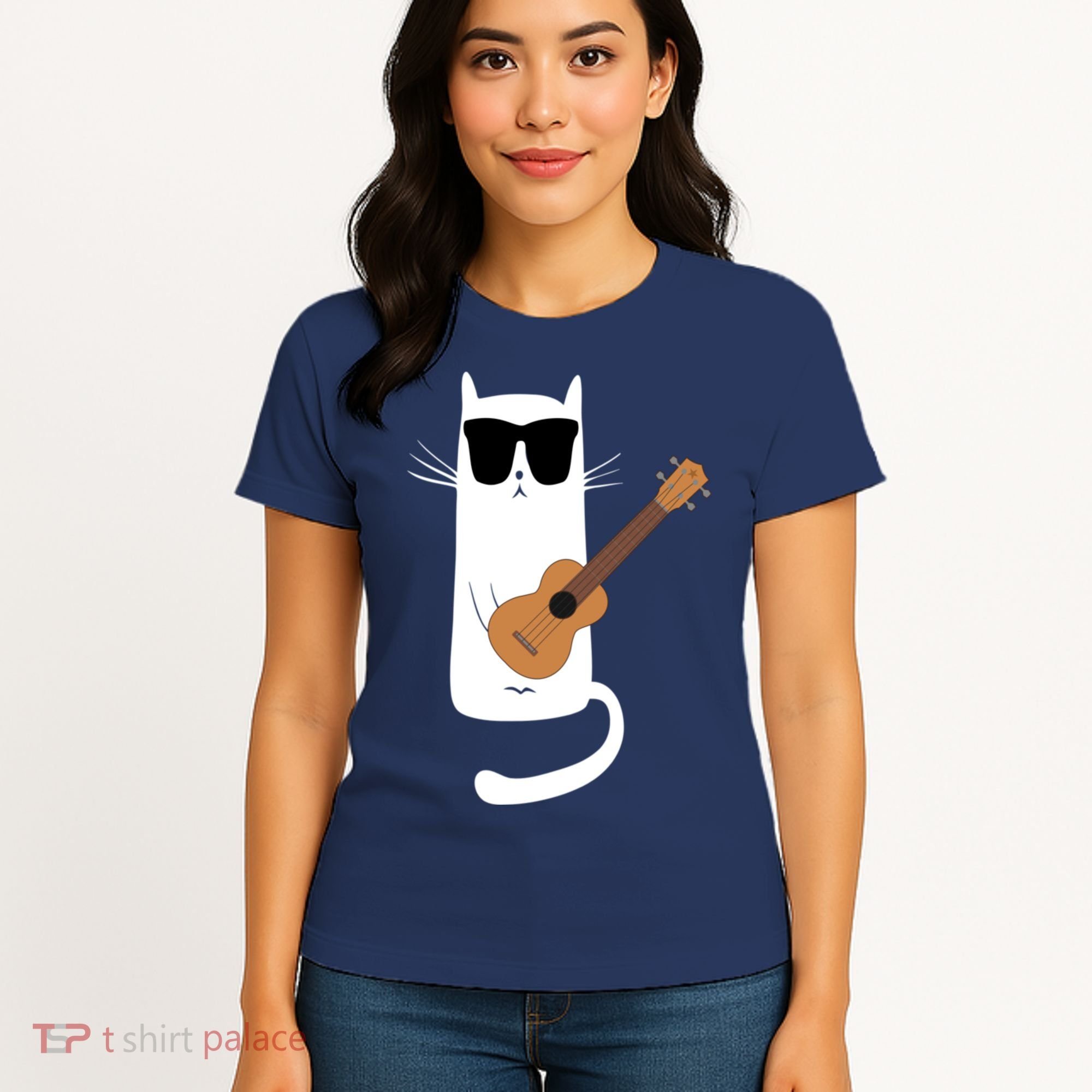Funny Cat Wearing Sunglasses Playing Ukulele Women's T-Shirt