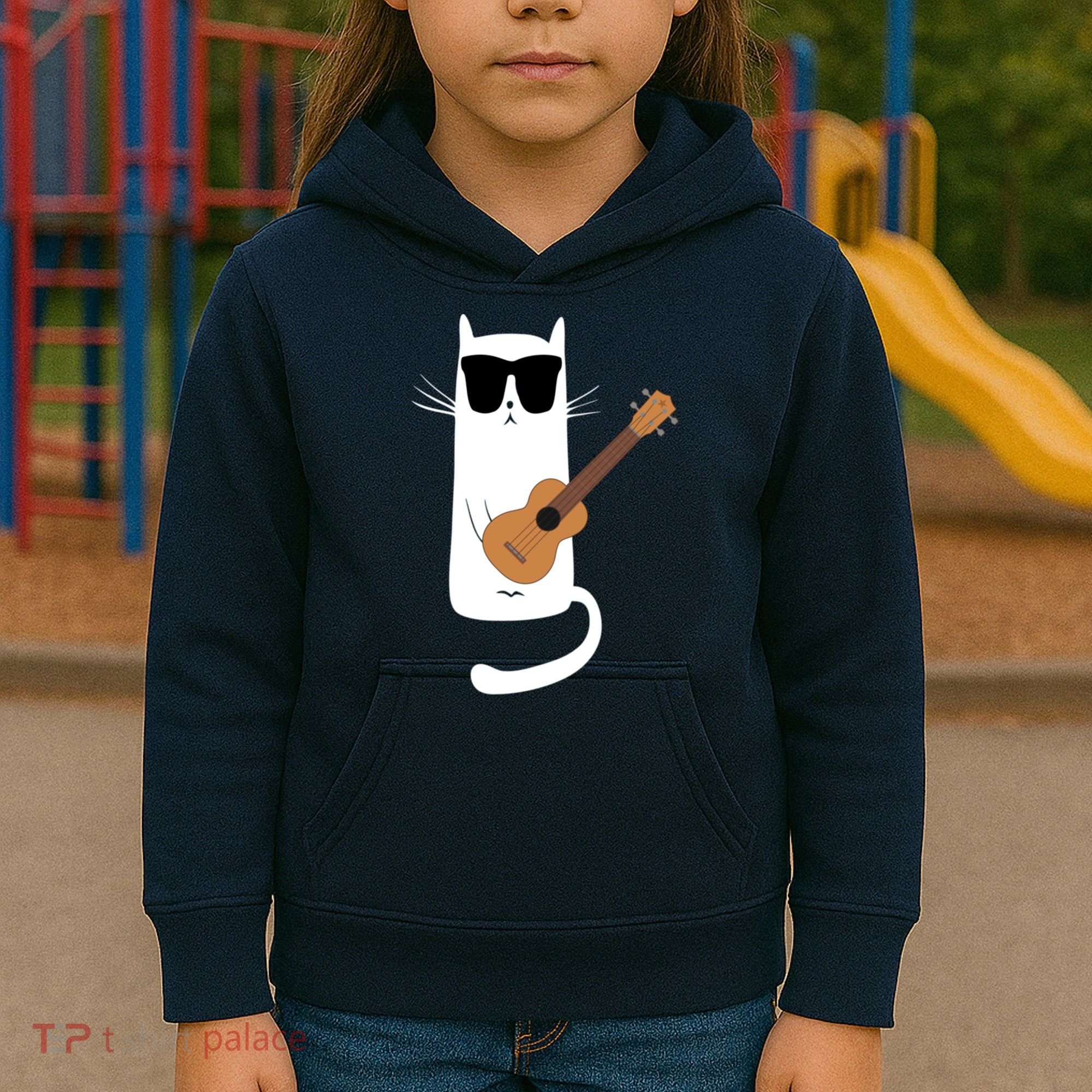 Funny Cat Wearing Sunglasses Playing Ukulele Kids Hoodie