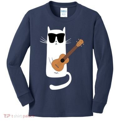 Funny Cat Wearing Sunglasses Playing Ukulele Kids Long Sleeve Shirt