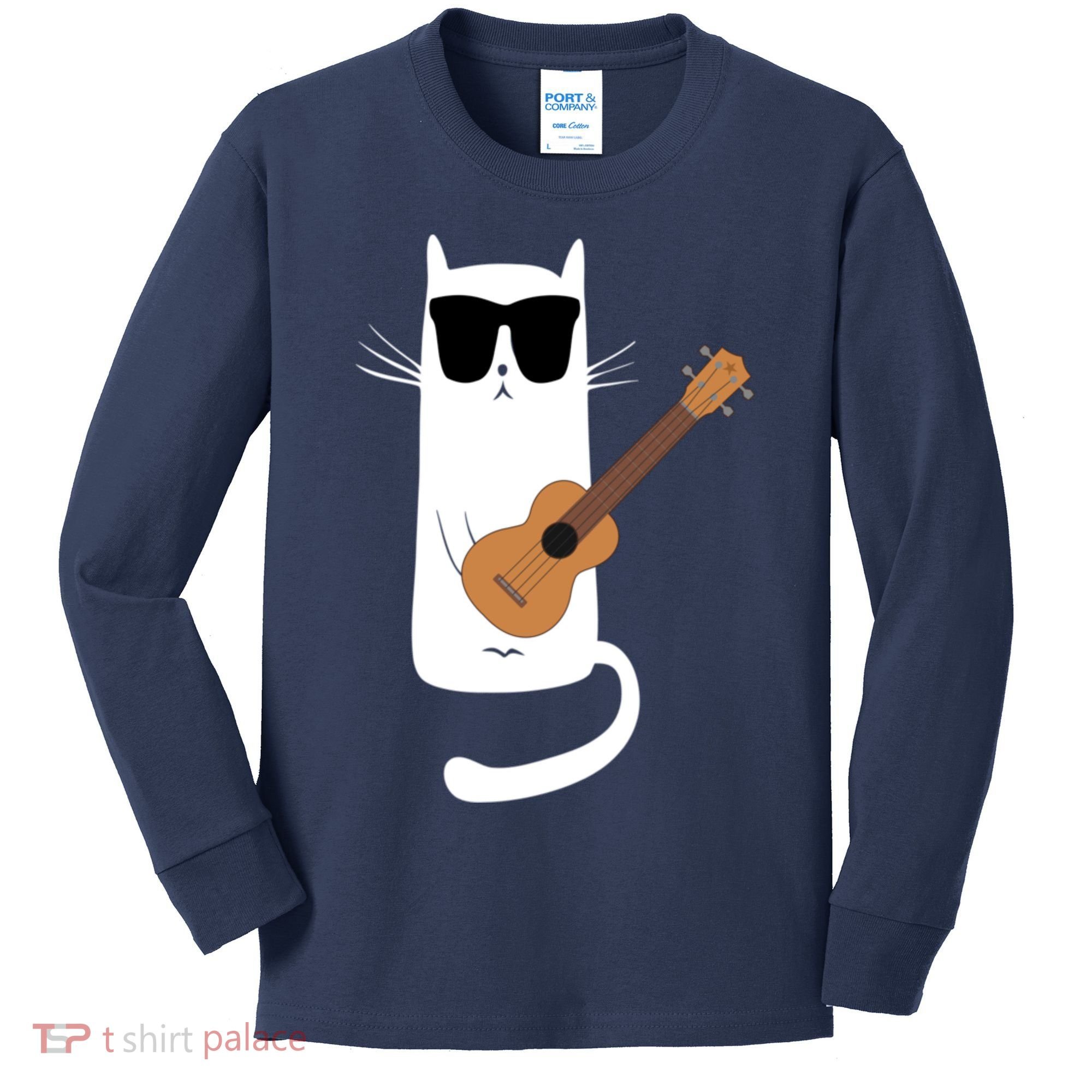 Funny Cat Wearing Sunglasses Playing Ukulele Kids Long Sleeve Shirt