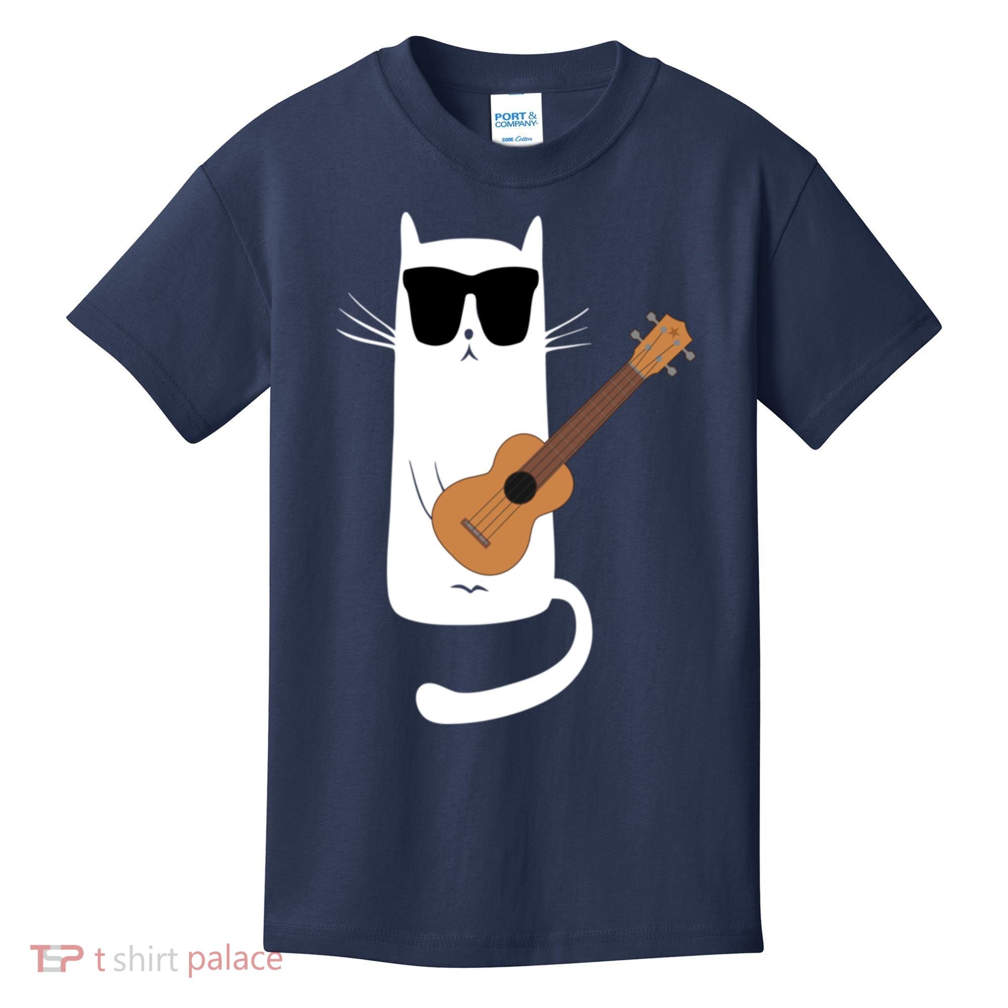 Funny Cat Wearing Sunglasses Playing Ukulele Kids T-Shirt