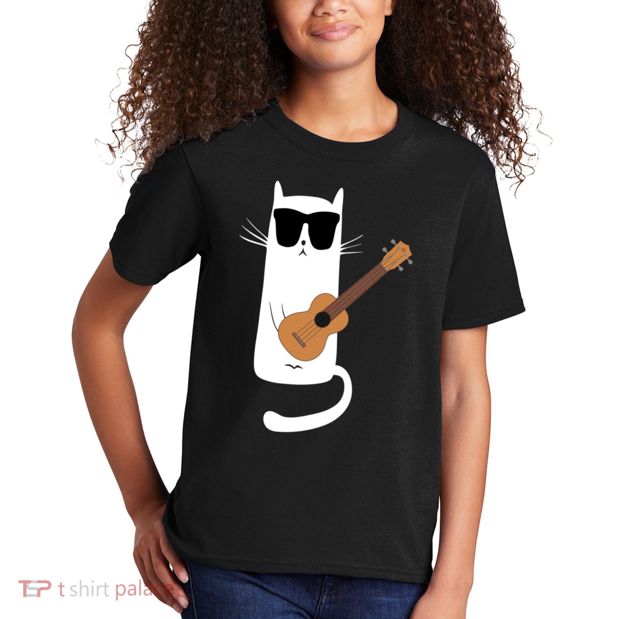Funny Cat Wearing Sunglasses Playing Ukulele Kids T-Shirt