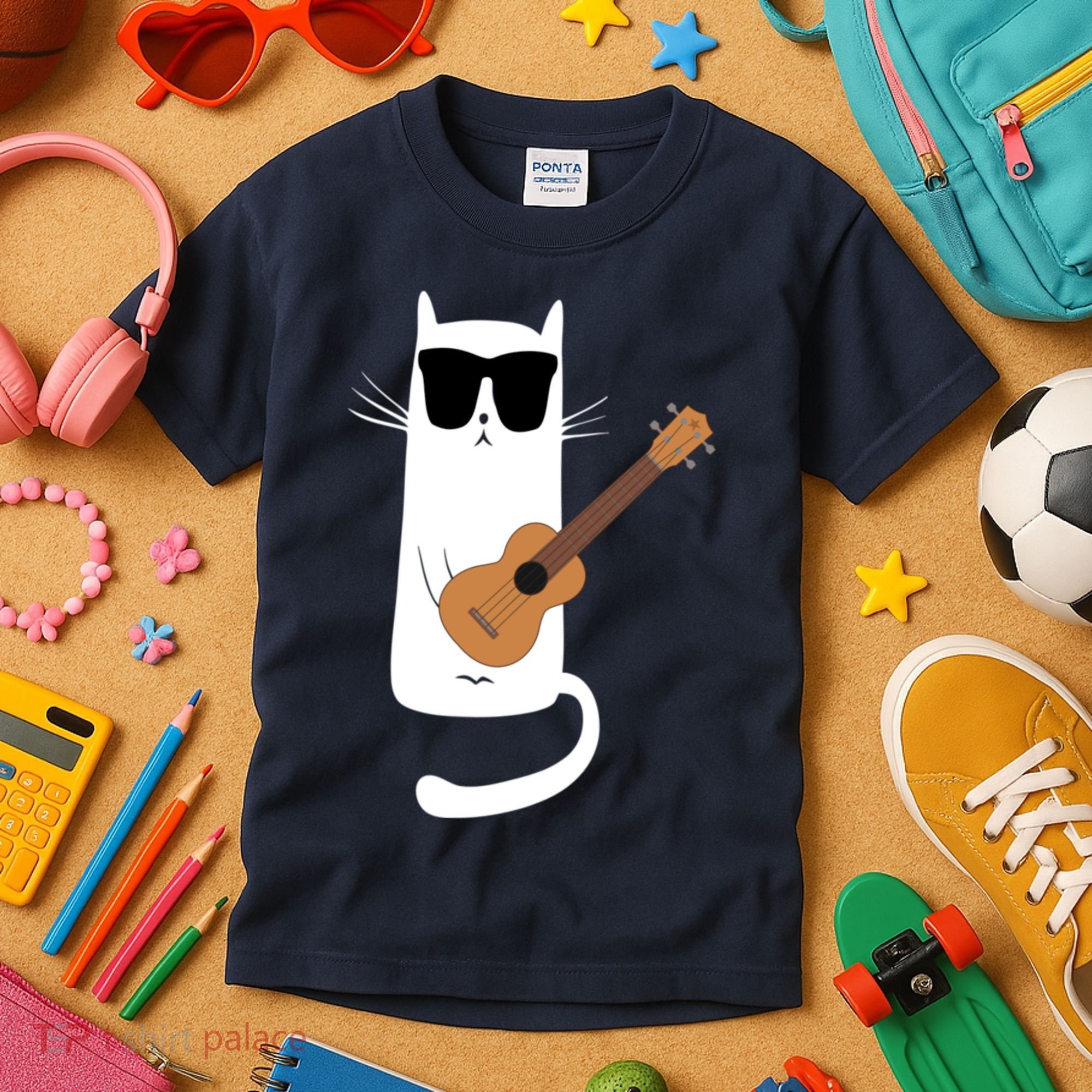 Funny Cat Wearing Sunglasses Playing Ukulele Kids T-Shirt