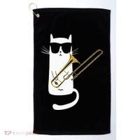Funny Cat Wearing Sunglasses Playing Trombone Golf Towel thumb 0