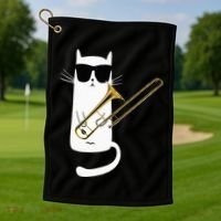 Funny Cat Wearing Sunglasses Playing Trombone Golf Towel thumb 1