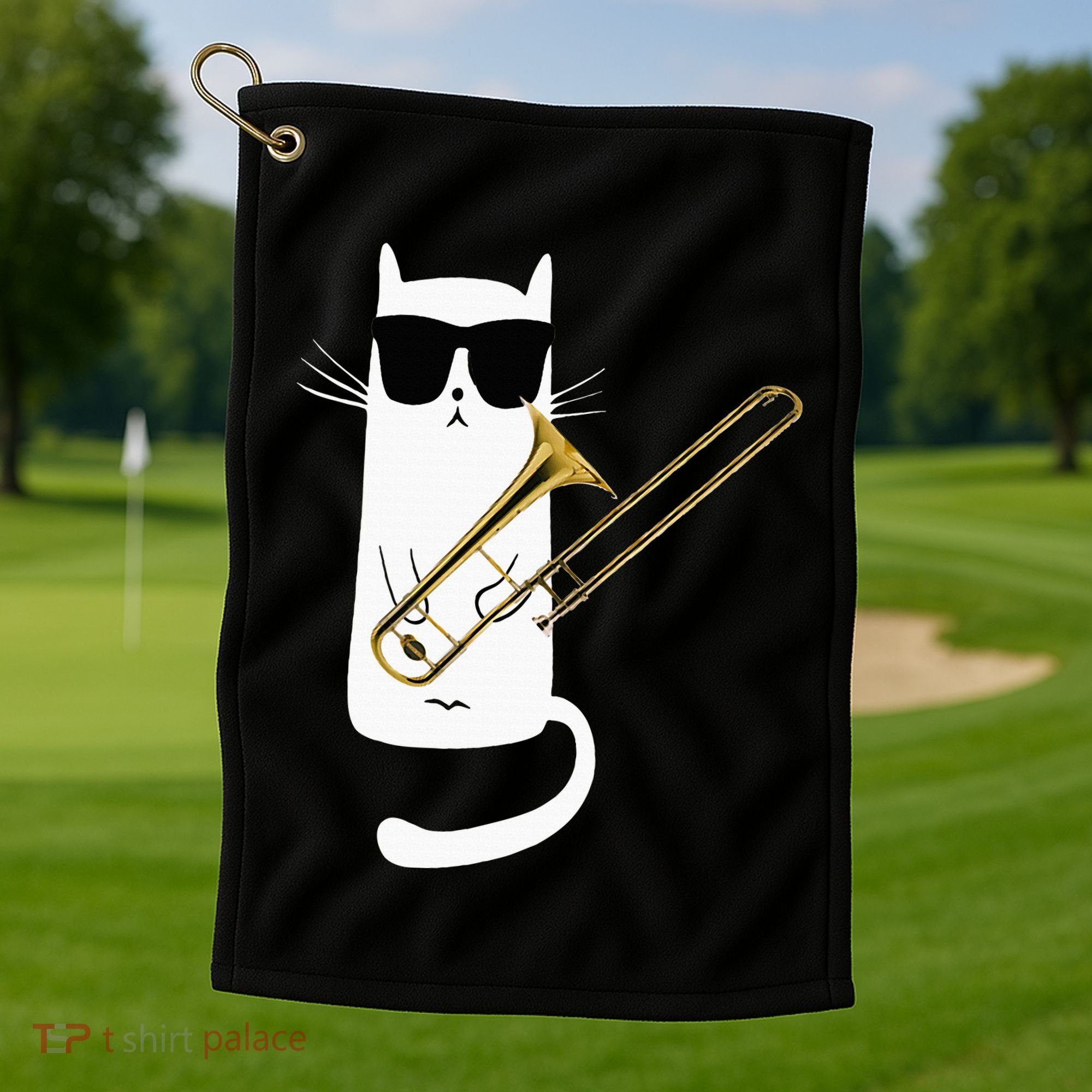Funny Cat Wearing Sunglasses Playing Trombone Golf Towel