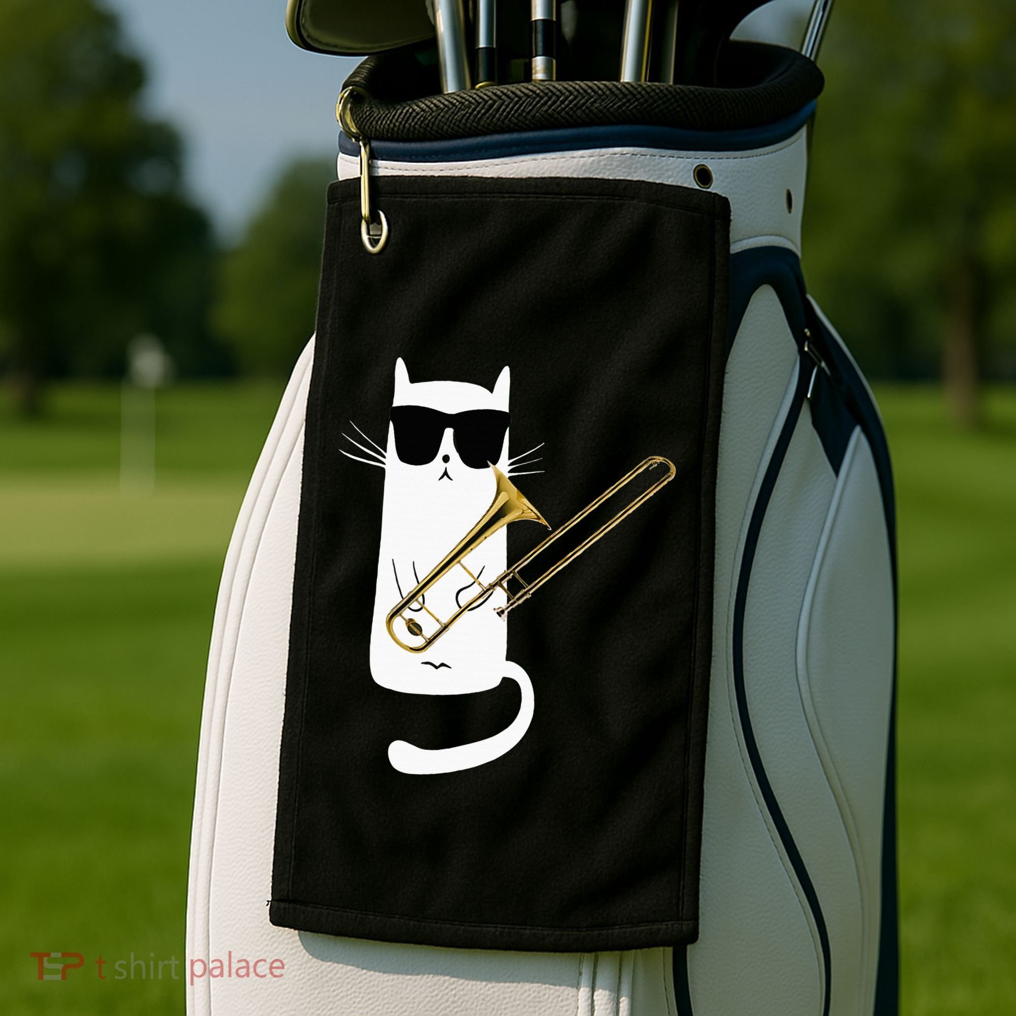 Funny Cat Wearing Sunglasses Playing Trombone Golf Towel