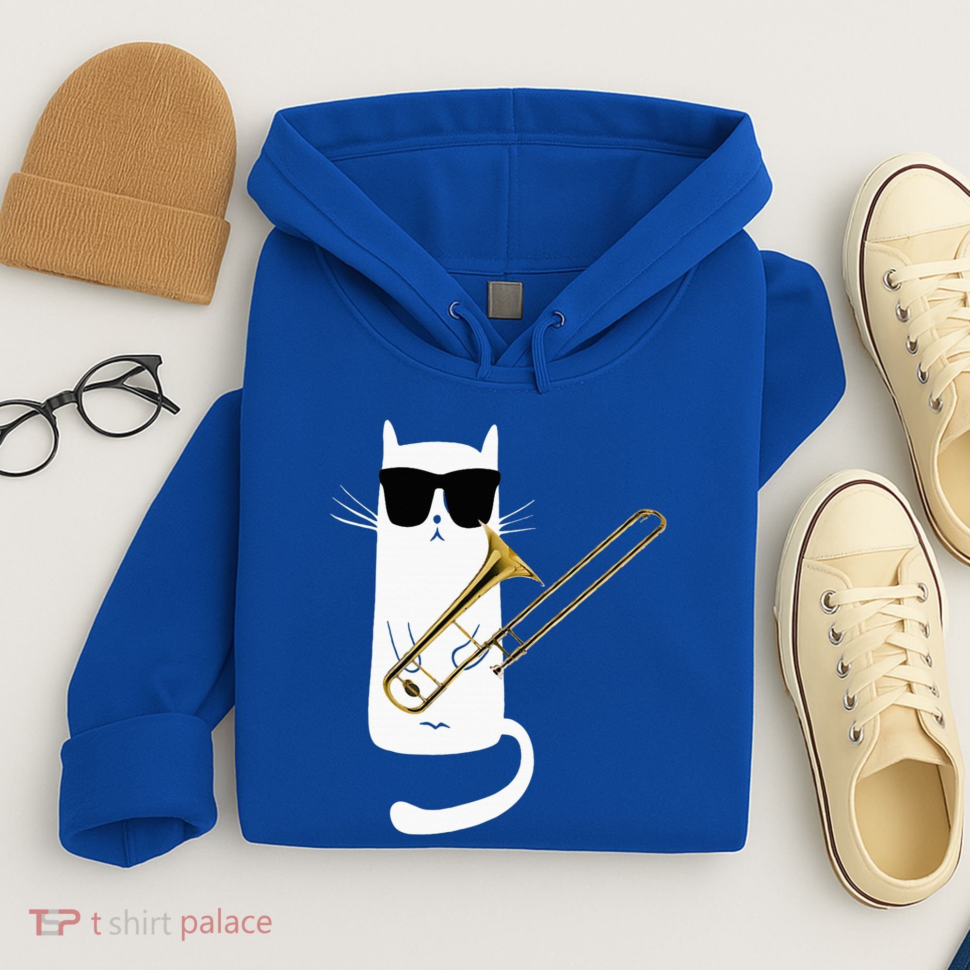 Funny Cat Wearing Sunglasses Playing Trombone Hoodie