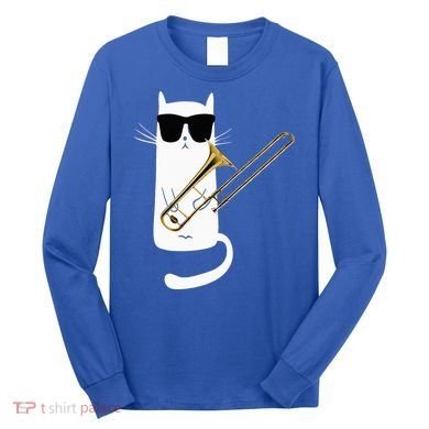 Funny Cat Wearing Sunglasses Playing Trombone Long Sleeve Shirt