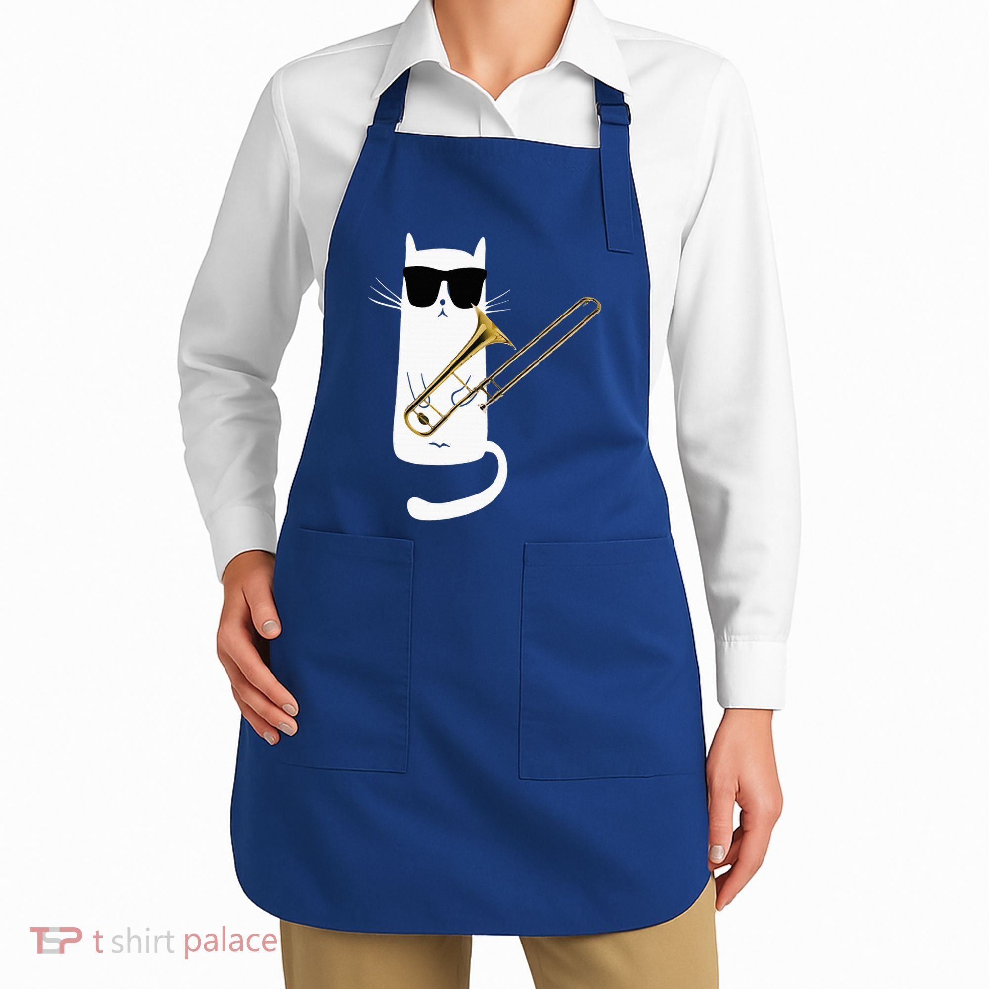 Funny Cat Wearing Sunglasses Playing Trombone Apron