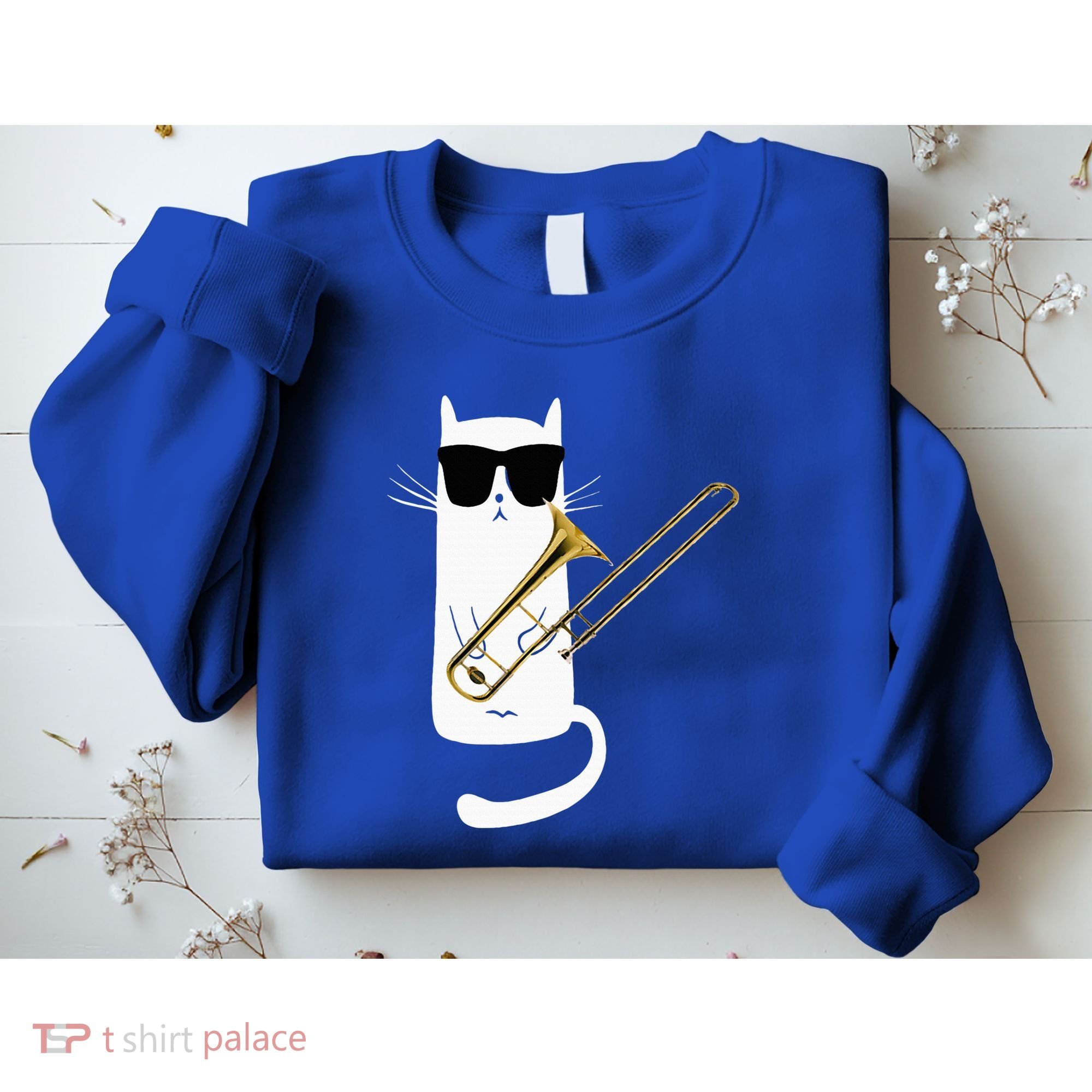 Funny Cat Wearing Sunglasses Playing Trombone Sweatshirt