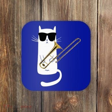 Funny Cat Wearing Sunglasses Playing Trombone Coaster