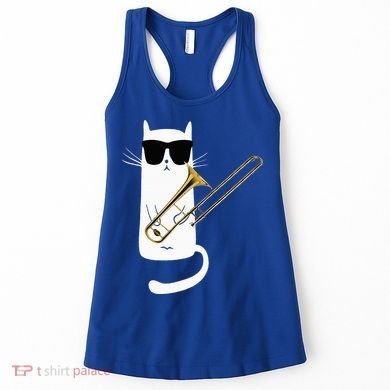 Funny Cat Wearing Sunglasses Playing Trombone Women's Tank Top