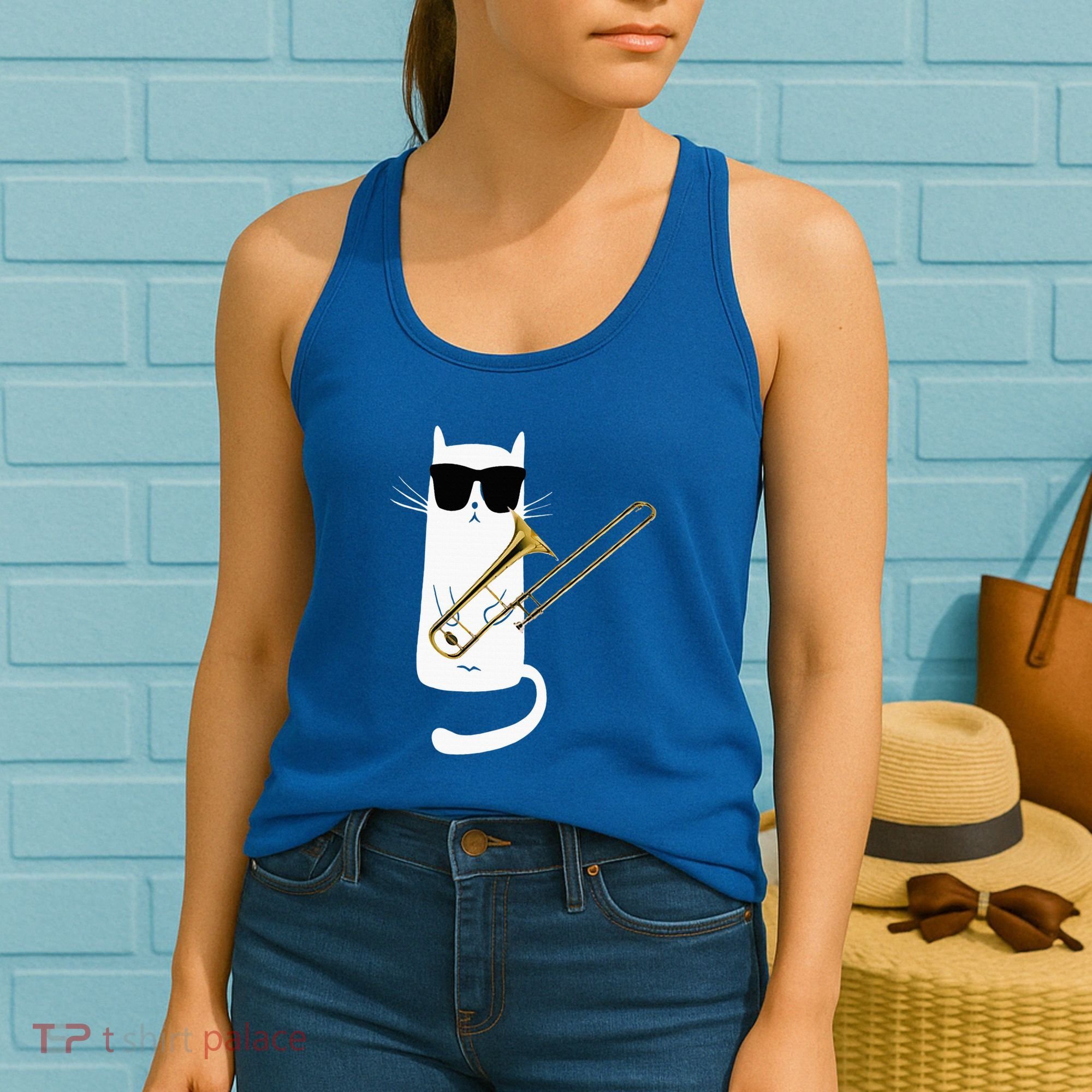 Funny Cat Wearing Sunglasses Playing Trombone Women's Tank Top