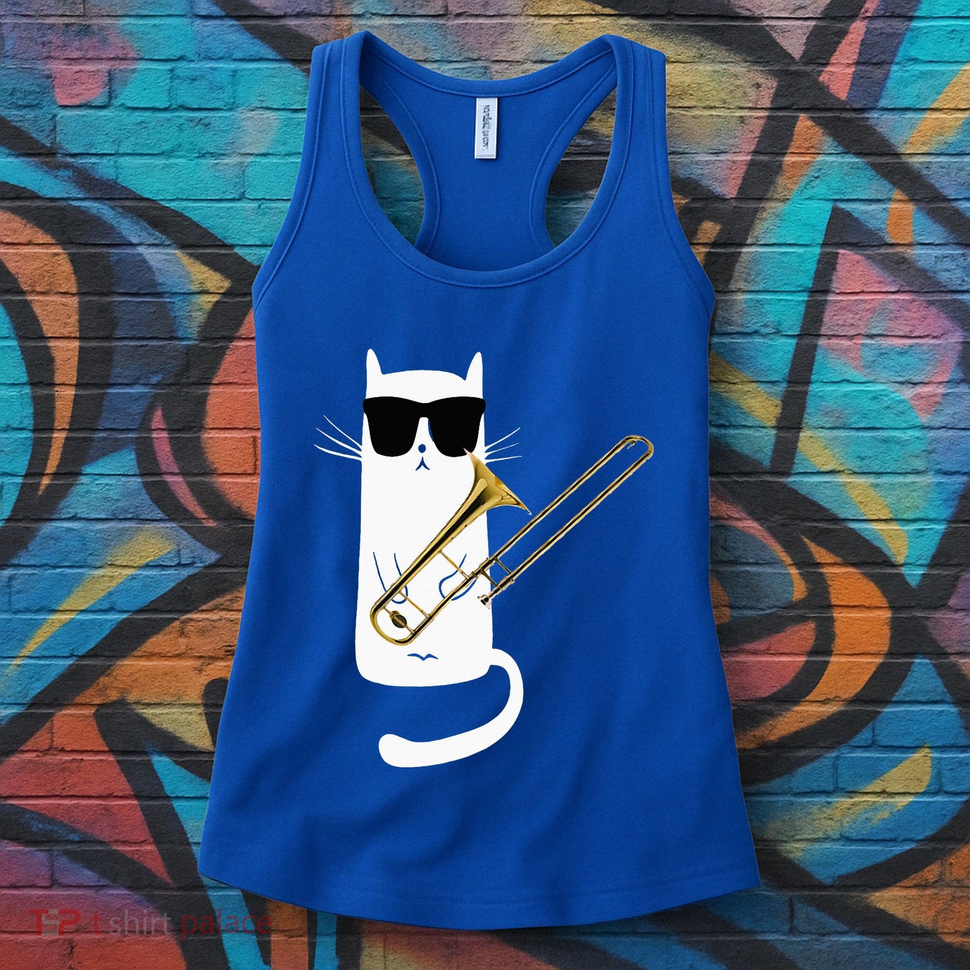 Funny Cat Wearing Sunglasses Playing Trombone Women's Tank Top
