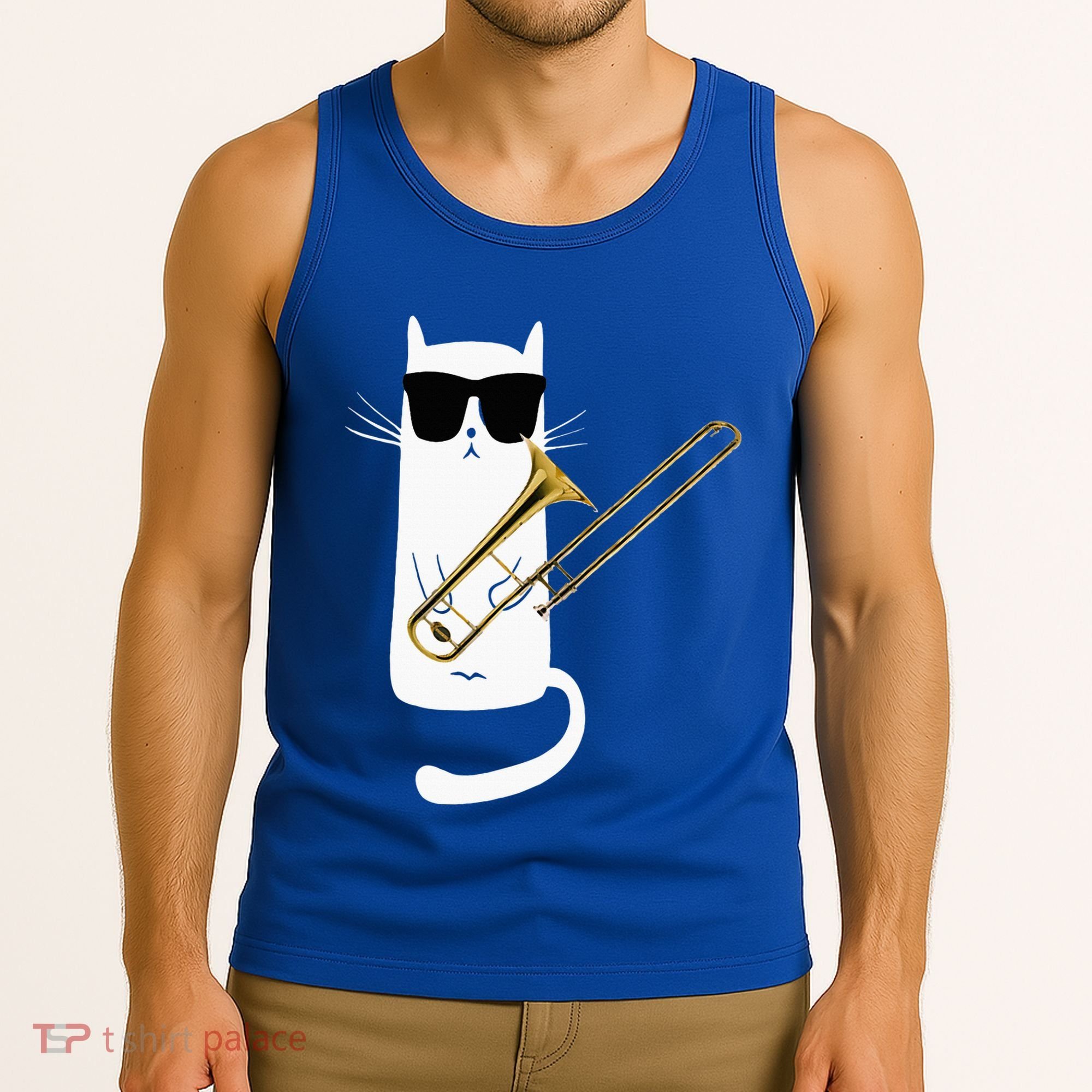 Funny Cat Wearing Sunglasses Playing Trombone Tank Top