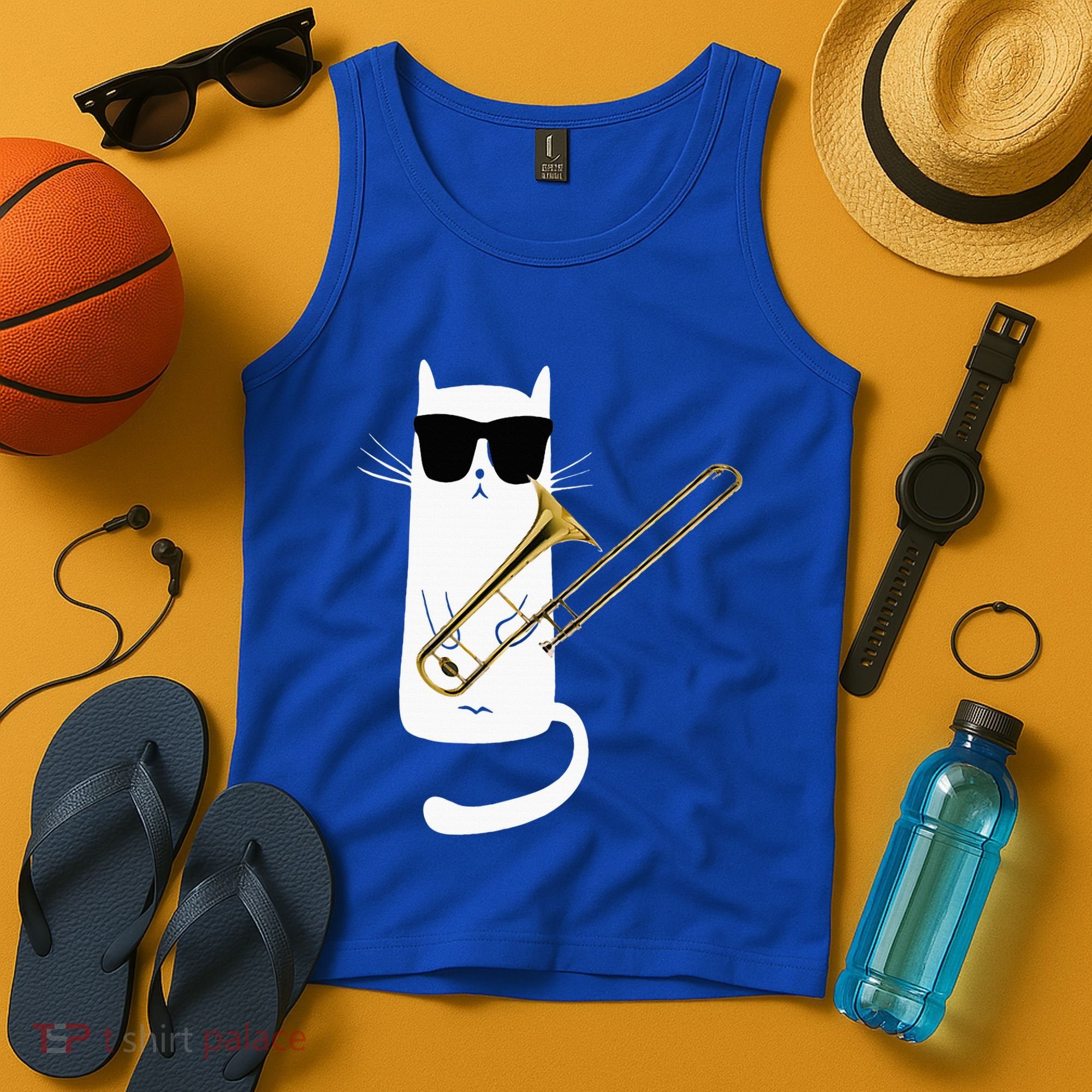 Funny Cat Wearing Sunglasses Playing Trombone Tank Top