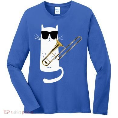 Funny Cat Wearing Sunglasses Playing Trombone Women's Long Sleeve Shirt