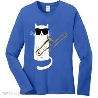 Funny Cat Wearing Sunglasses Playing Trombone Women's Long Sleeve Shirt thumb 0