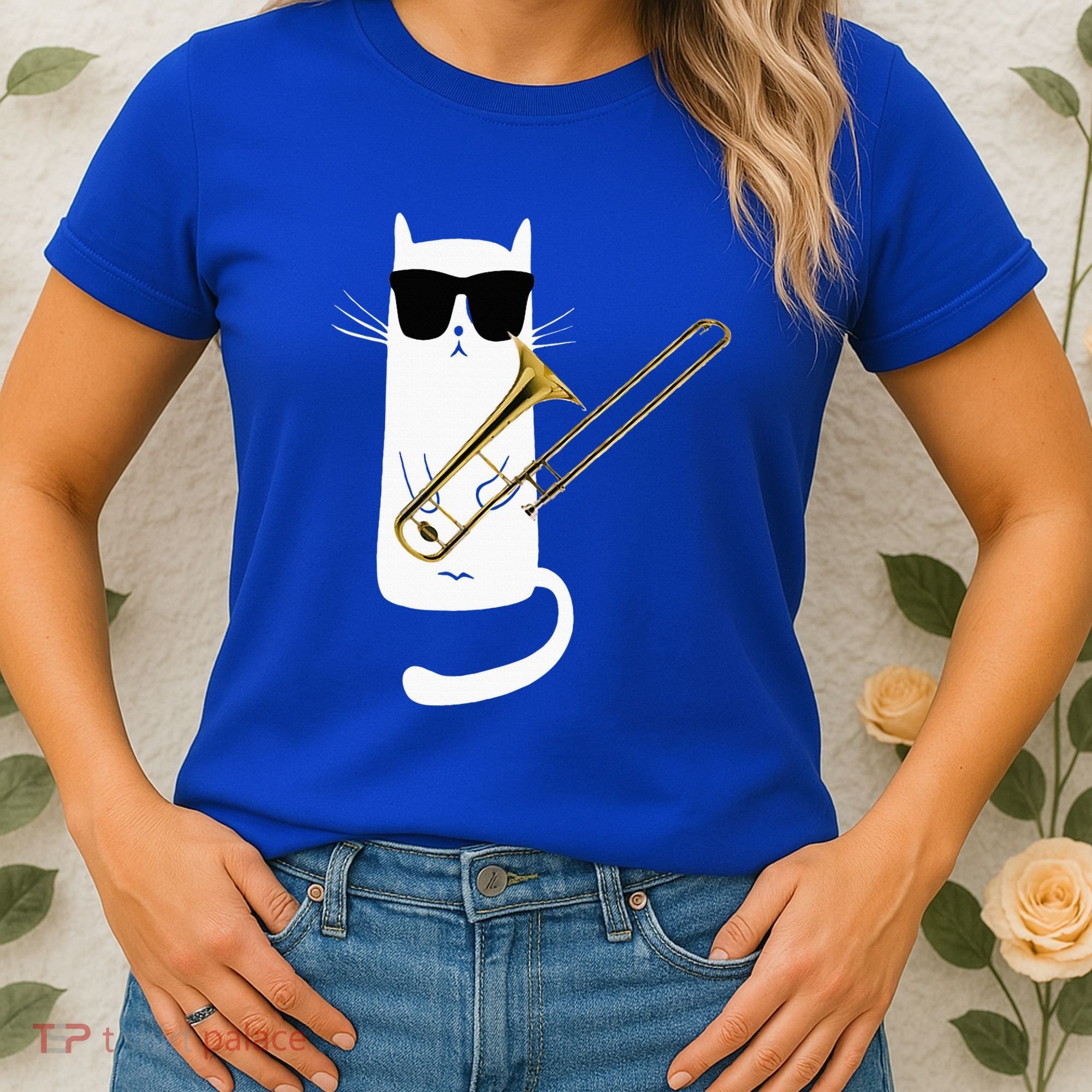 Funny Cat Wearing Sunglasses Playing Trombone Women's T-Shirt