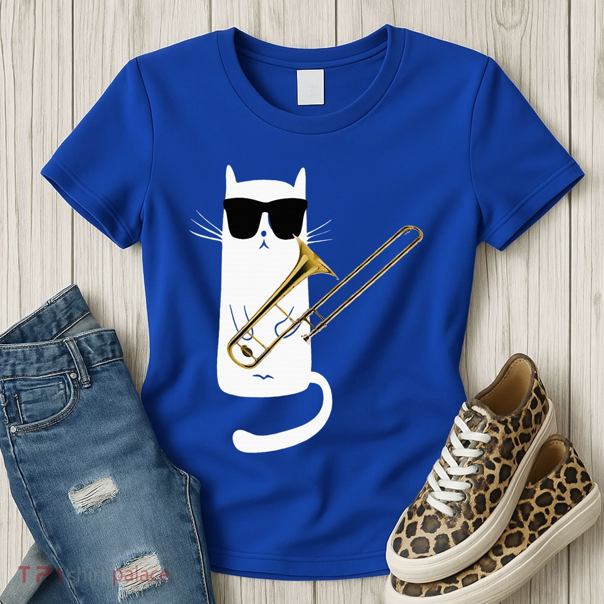 Funny Cat Wearing Sunglasses Playing Trombone Women's T-Shirt