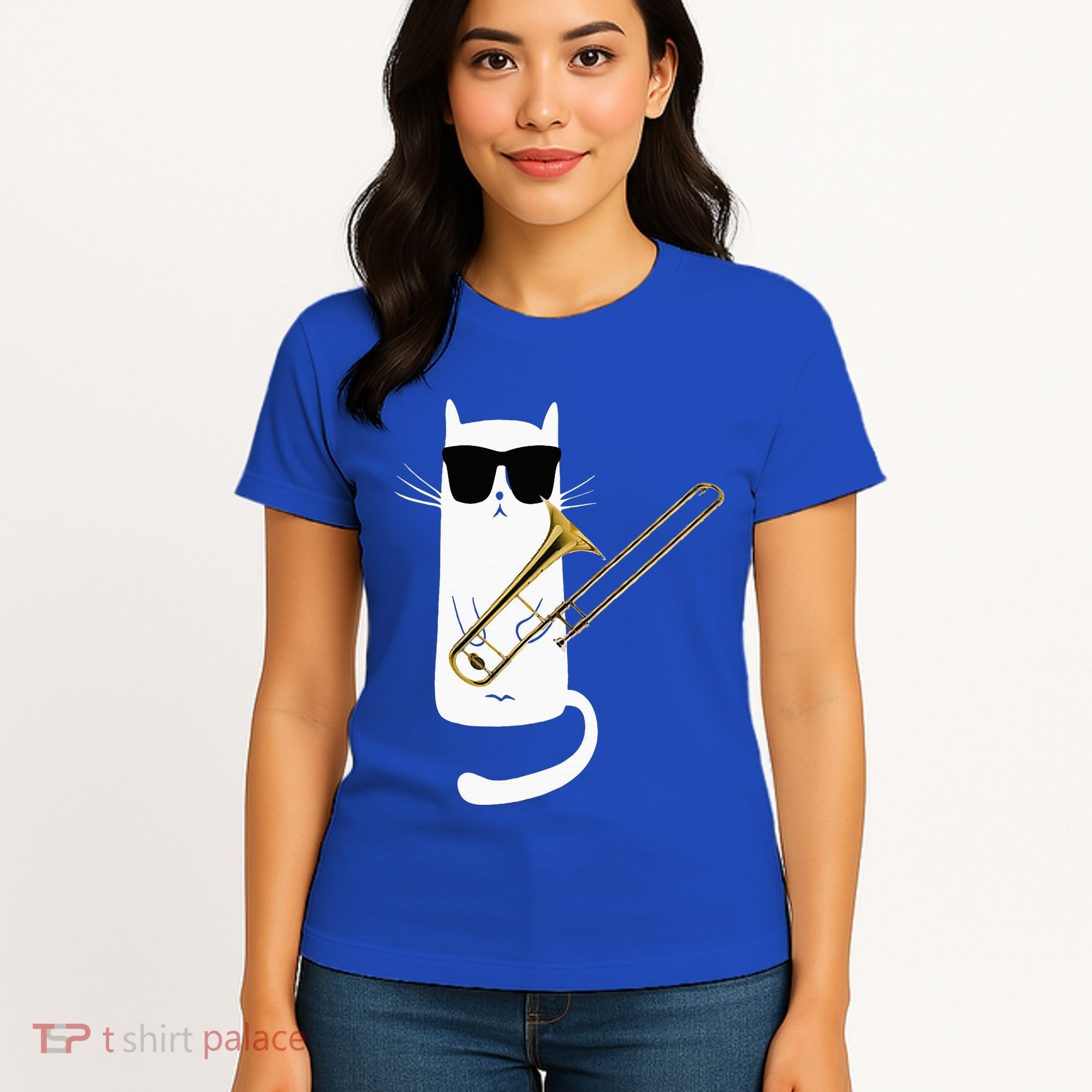 Funny Cat Wearing Sunglasses Playing Trombone Women's T-Shirt