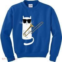 Funny Cat Wearing Sunglasses Playing Trombone Kids Sweatshirt thumb 0