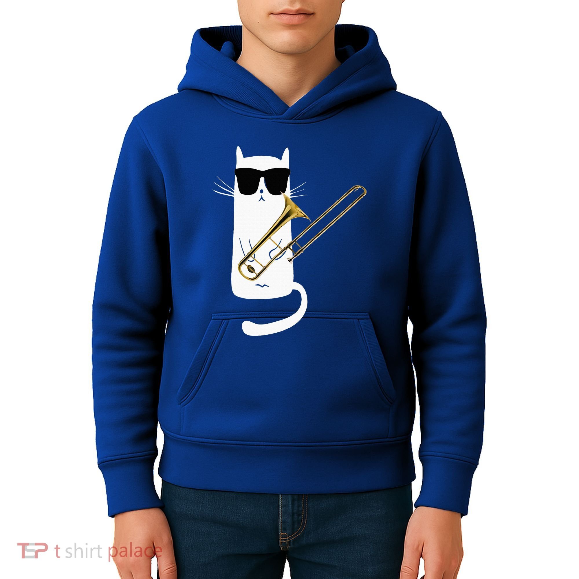 Funny Cat Wearing Sunglasses Playing Trombone Kids Hoodie