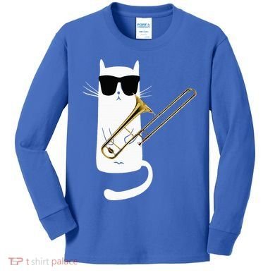 Funny Cat Wearing Sunglasses Playing Trombone Kids Long Sleeve Shirt