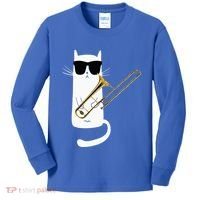 Funny Cat Wearing Sunglasses Playing Trombone Kids Long Sleeve Shirt thumb 0