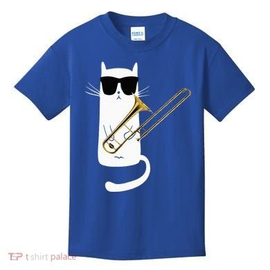 Funny Cat Wearing Sunglasses Playing Trombone Kids T-Shirt
