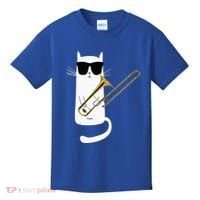 Funny Cat Wearing Sunglasses Playing Trombone Kids T-Shirt thumb 0