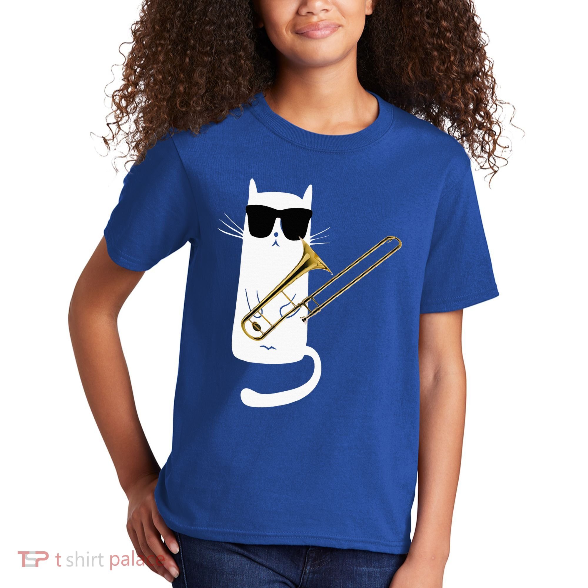 Funny Cat Wearing Sunglasses Playing Trombone Kids T-Shirt