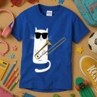 Funny Cat Wearing Sunglasses Playing Trombone Kids T-Shirt thumb 3