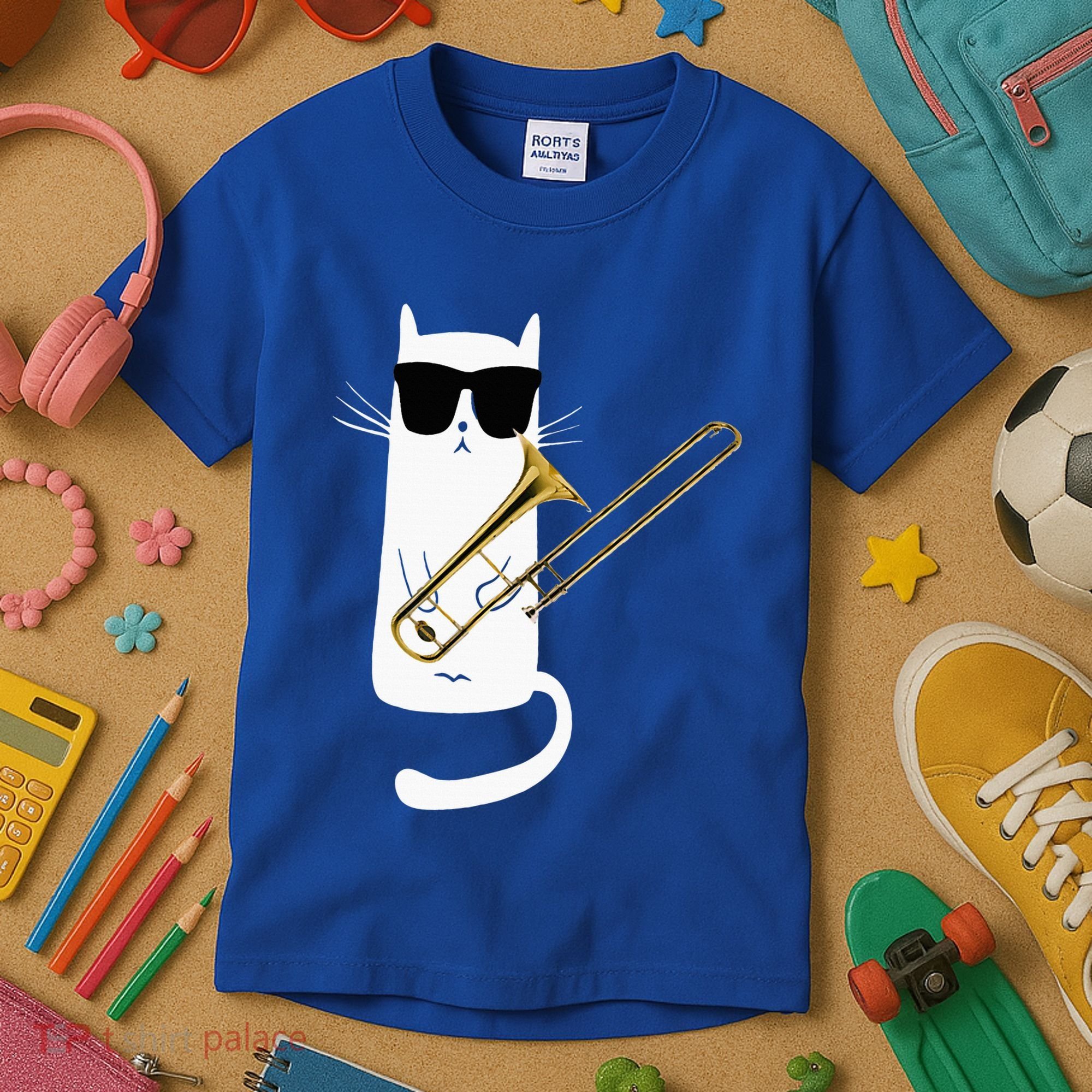 Funny Cat Wearing Sunglasses Playing Trombone Kids T-Shirt