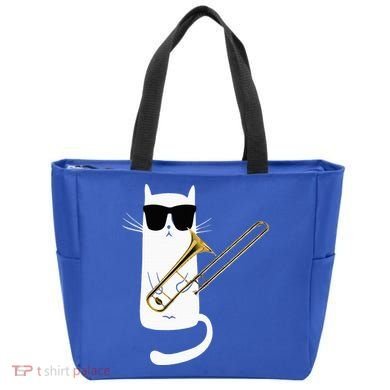 Funny Cat Wearing Sunglasses Playing Trombone Tote Bag