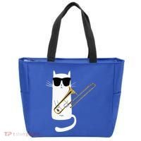 Funny Cat Wearing Sunglasses Playing Trombone Tote Bag thumb 0