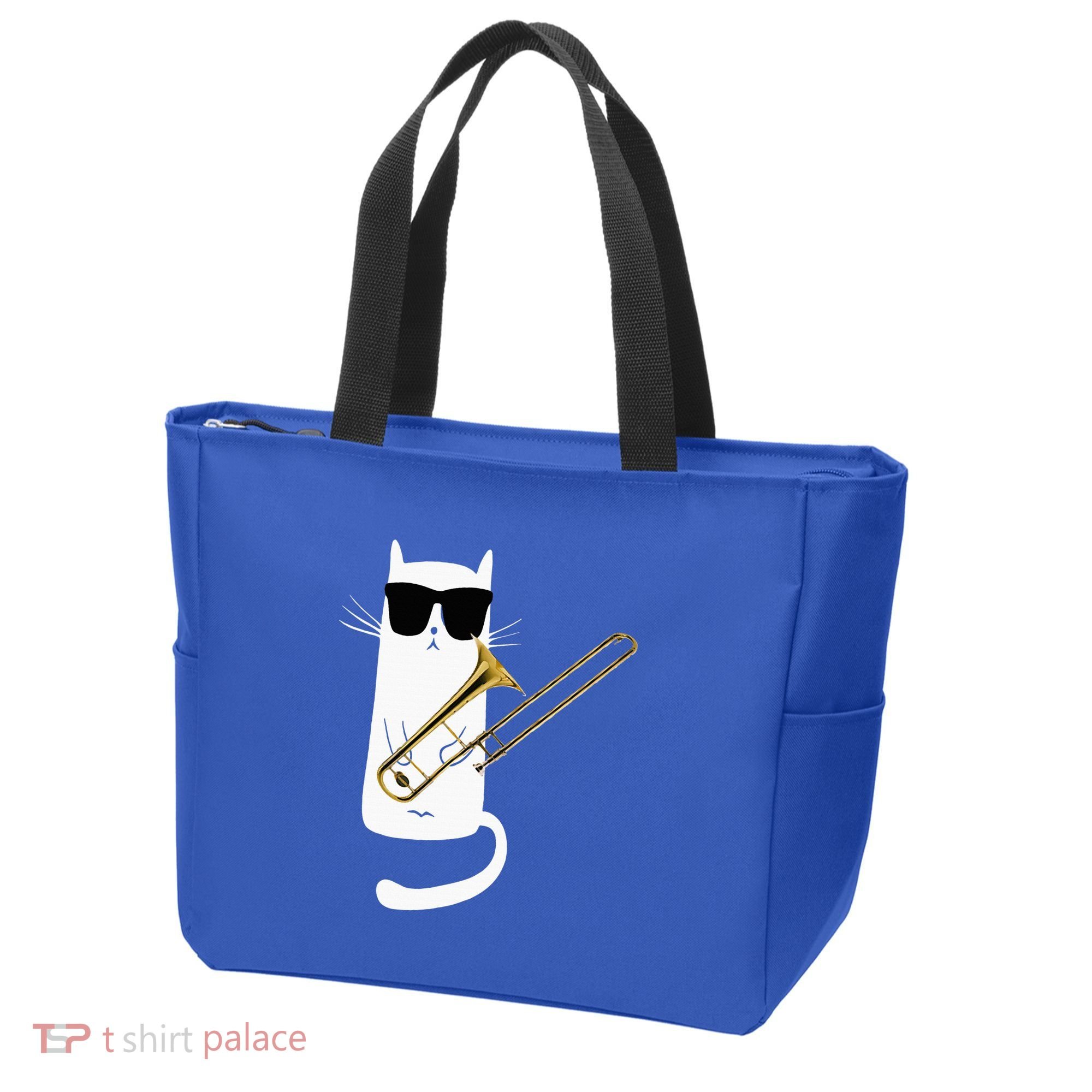 Funny Cat Wearing Sunglasses Playing Trombone Tote Bag