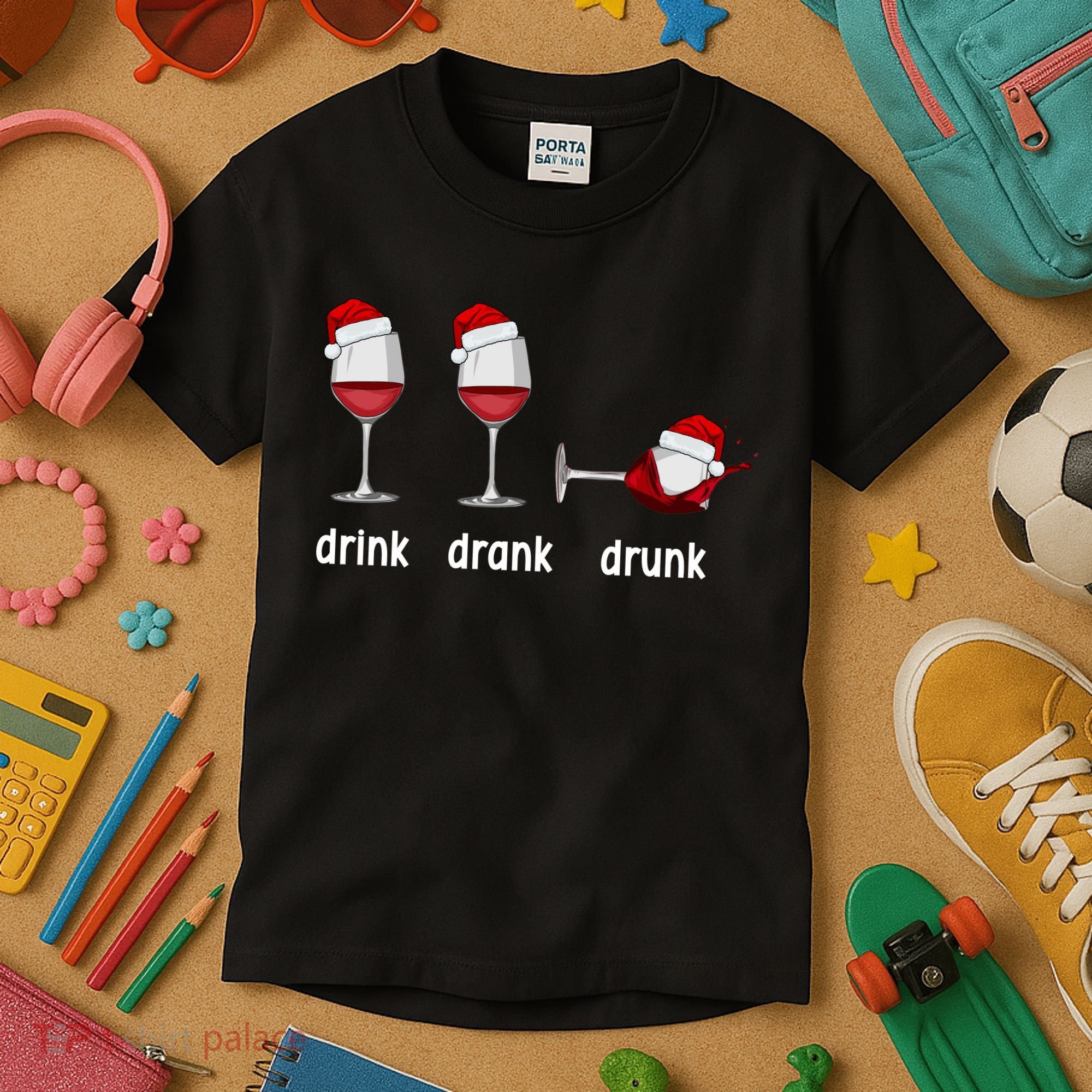 Funny Christmas Wine Grammar Verb Conjugation Party Kids T-Shirt