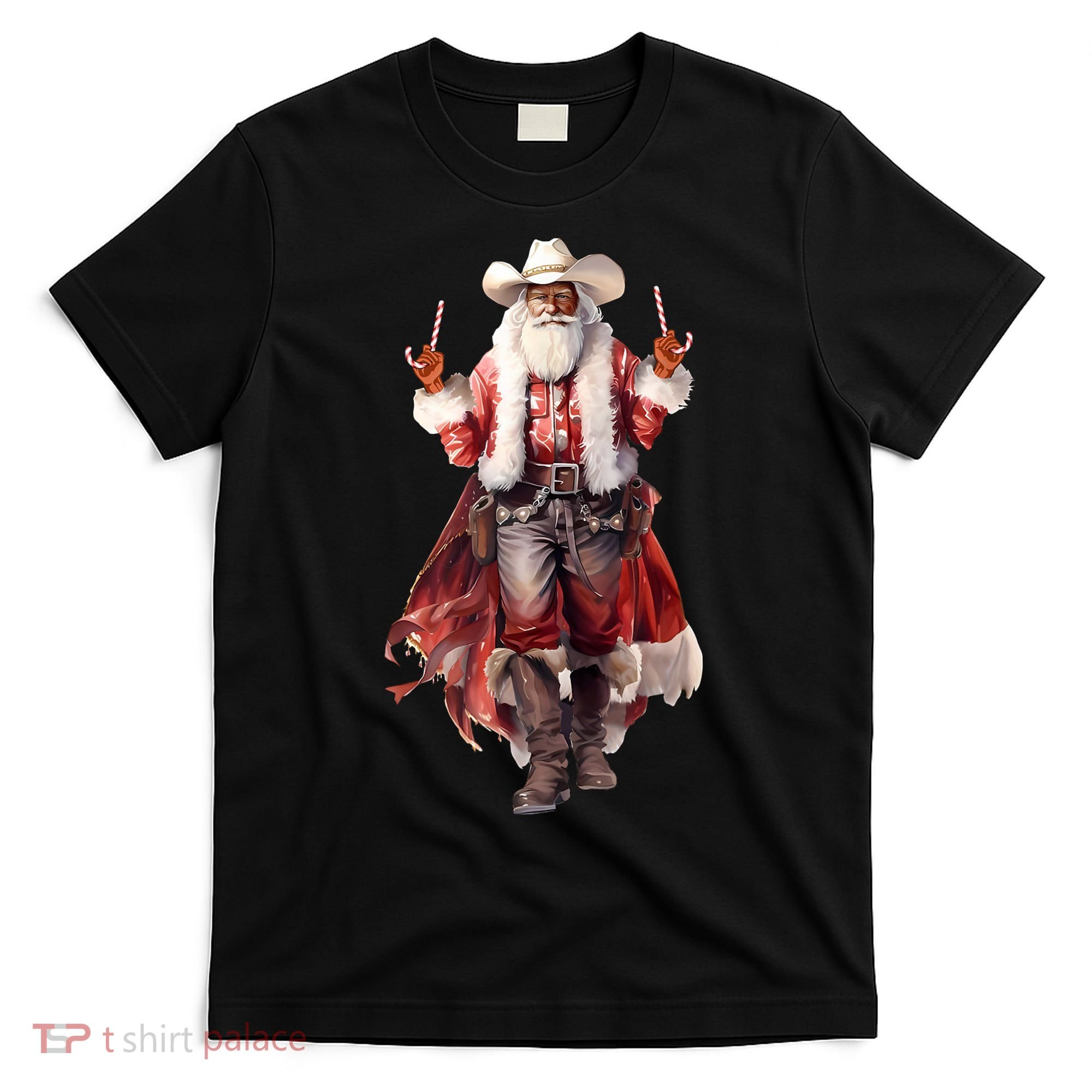 Funny Christmas Western Cowboy Santa Claus And Candy Cane T-Shirt