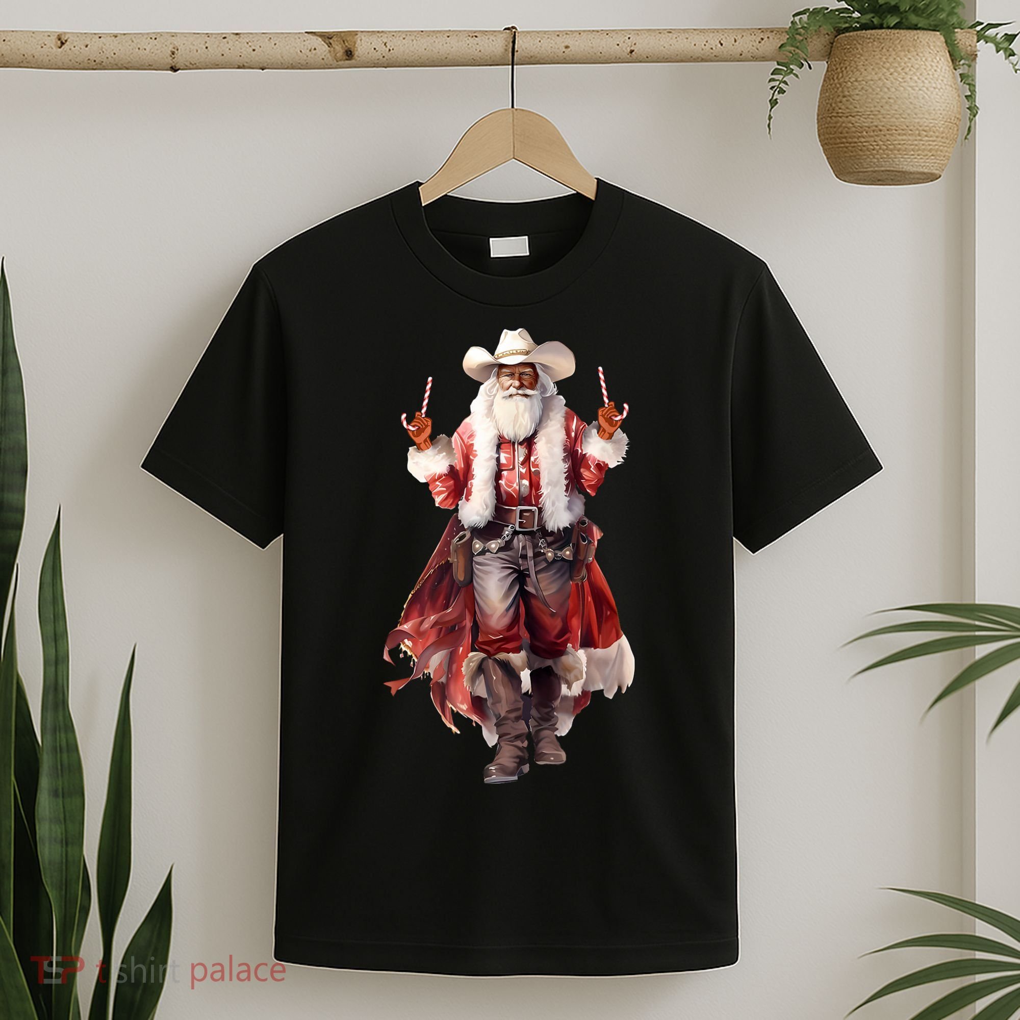 Funny Christmas Western Cowboy Santa Claus And Candy Cane T-Shirt