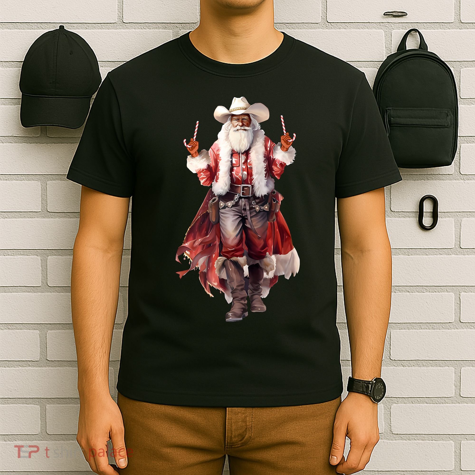 Funny Christmas Western Cowboy Santa Claus And Candy Cane T-Shirt
