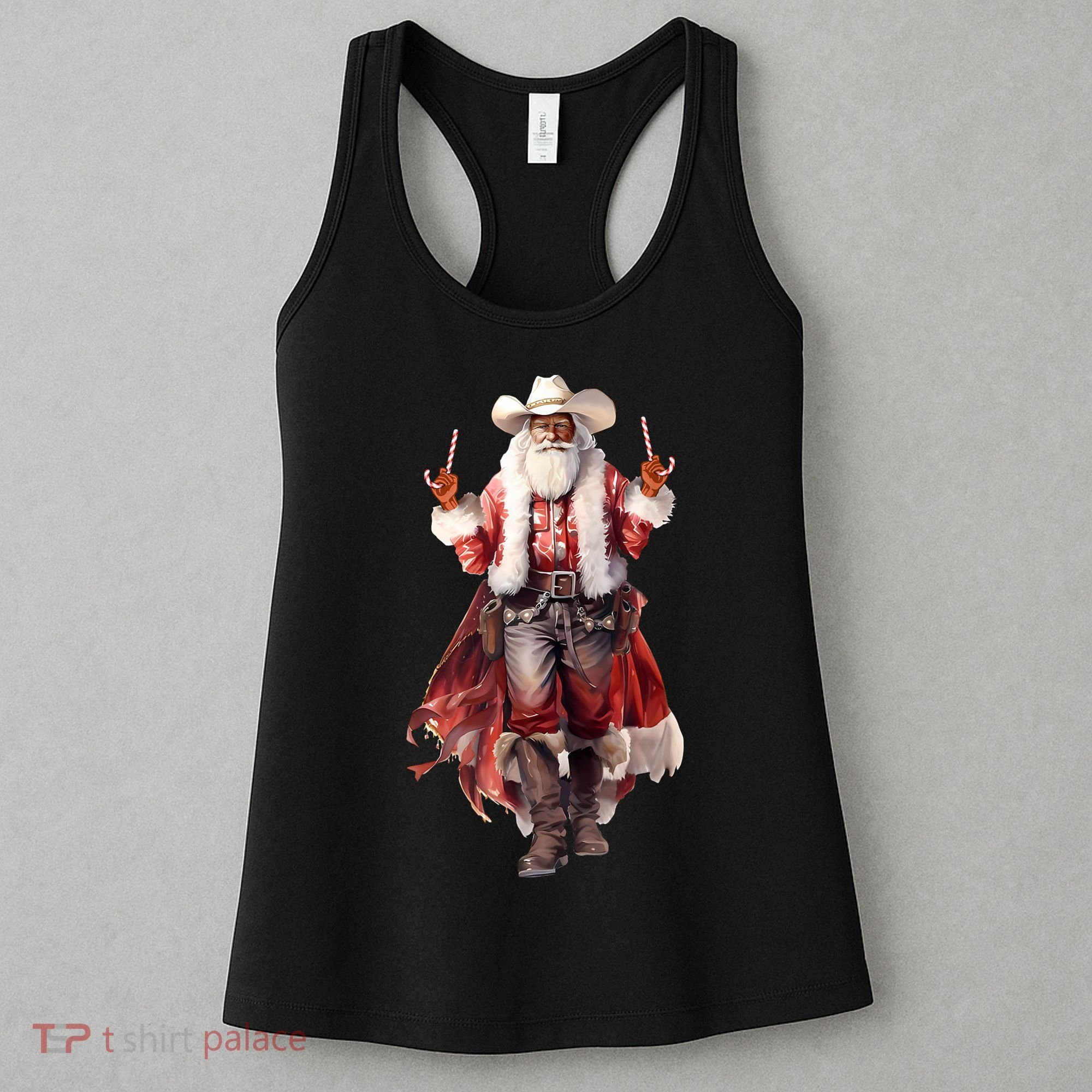 Funny Christmas Western Cowboy Santa Claus And Candy Cane Women's Tank Top