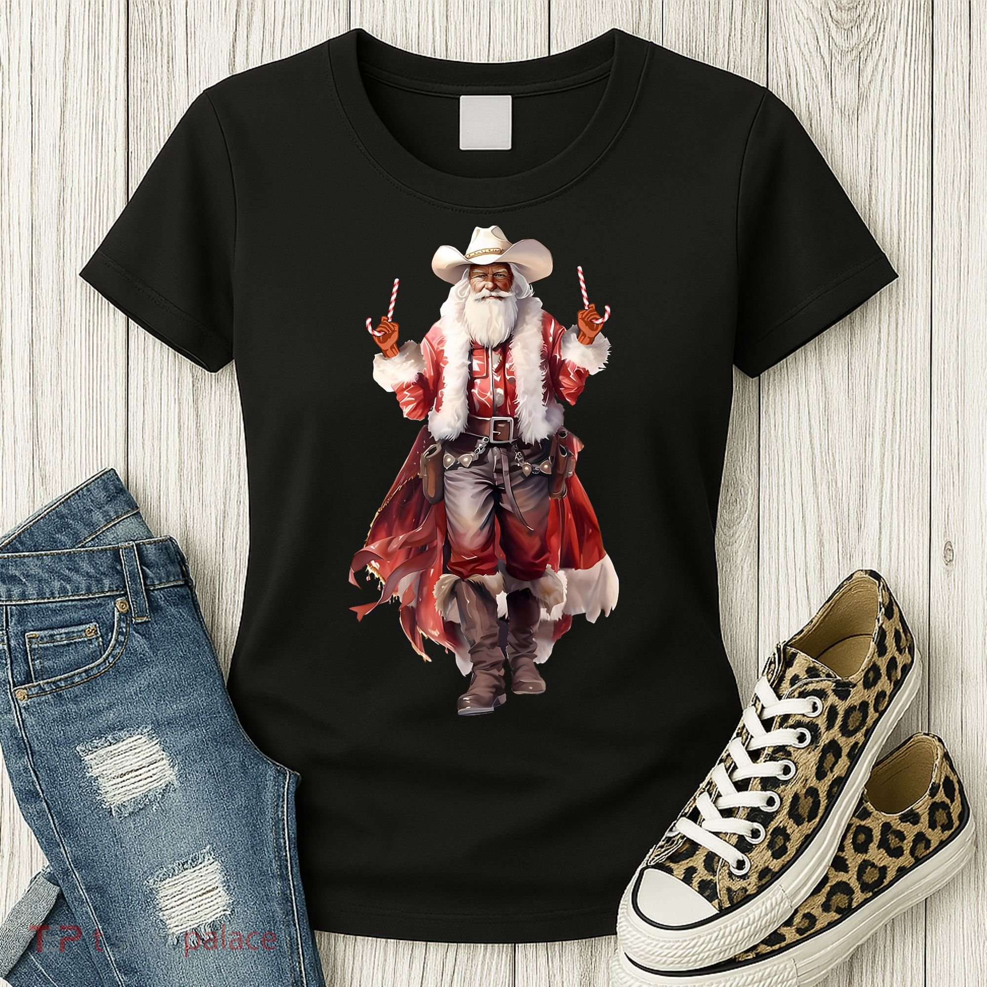 Funny Christmas Western Cowboy Santa Claus And Candy Cane Women's T-Shirt