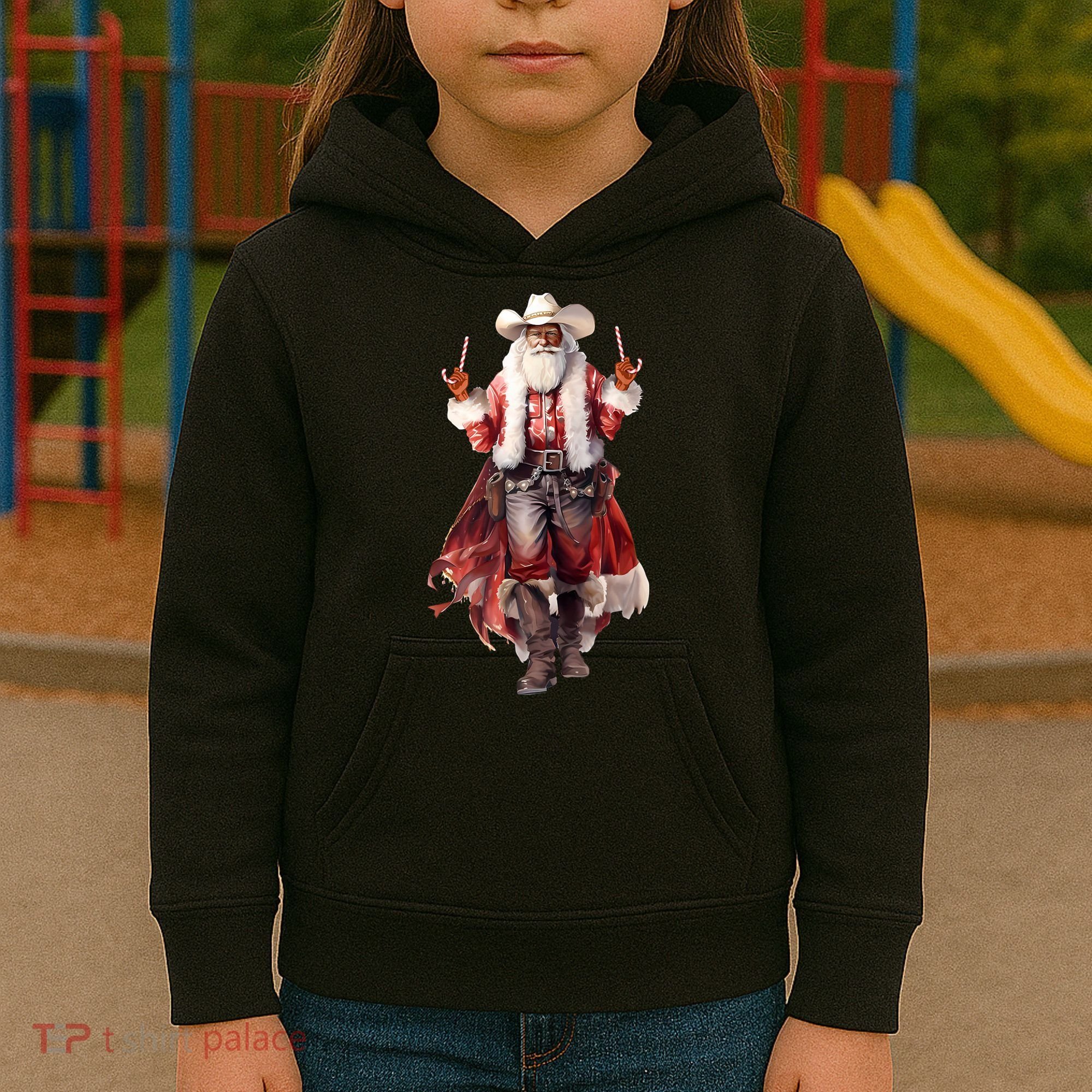 Funny Christmas Western Cowboy Santa Claus And Candy Cane Kids Hoodie