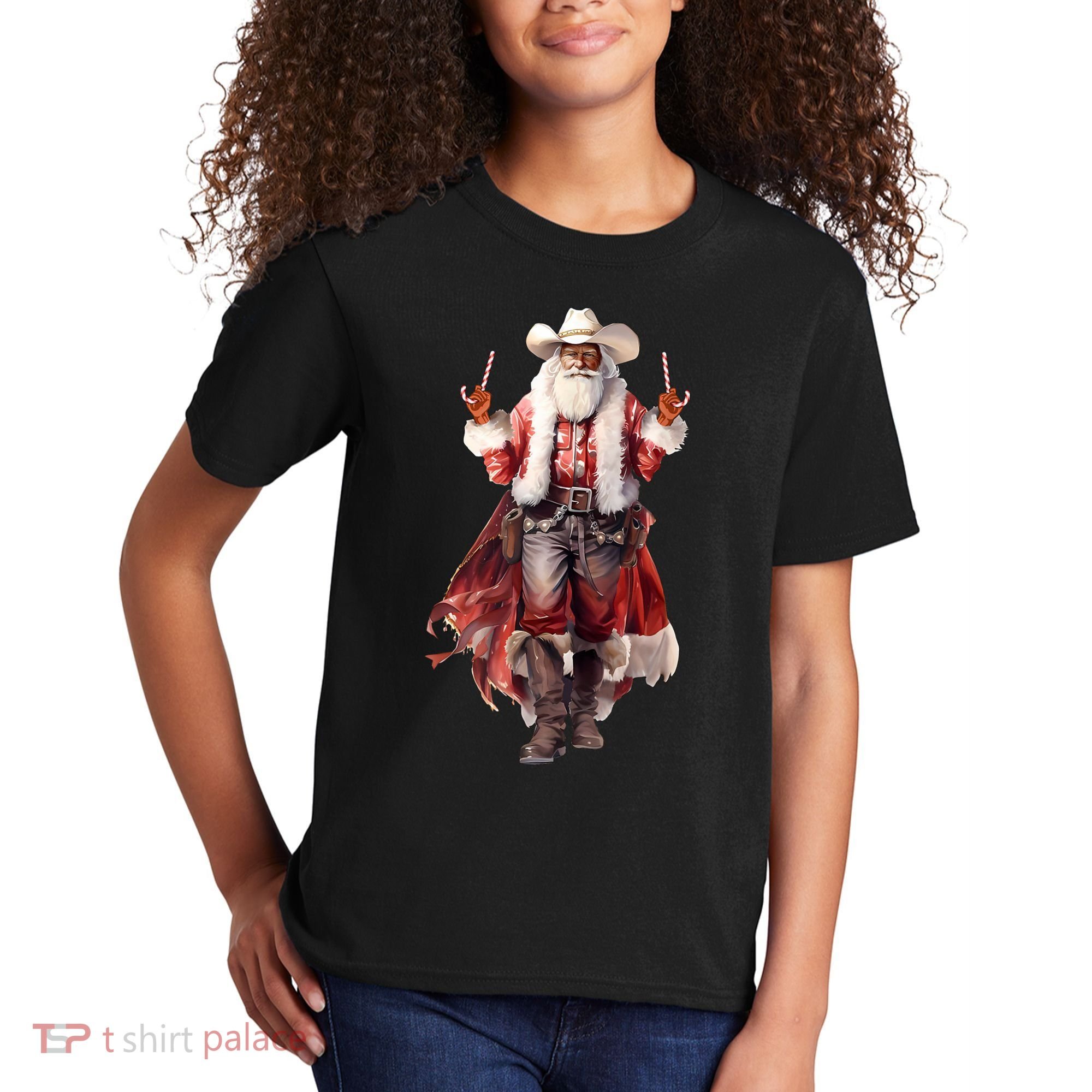 Funny Christmas Western Cowboy Santa Claus And Candy Cane Kids T-Shirt